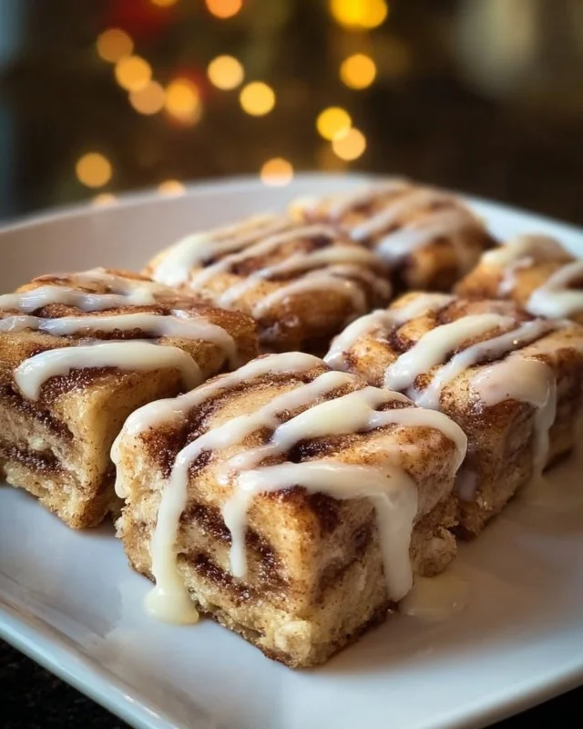 Delicious cinnamon roll bliss bars drizzled with icing on a rustic wooden table