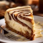 Delicious slice of cinnamon roll cheesecake topped with icing