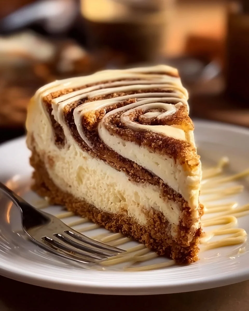 Delicious slice of cinnamon roll cheesecake topped with icing