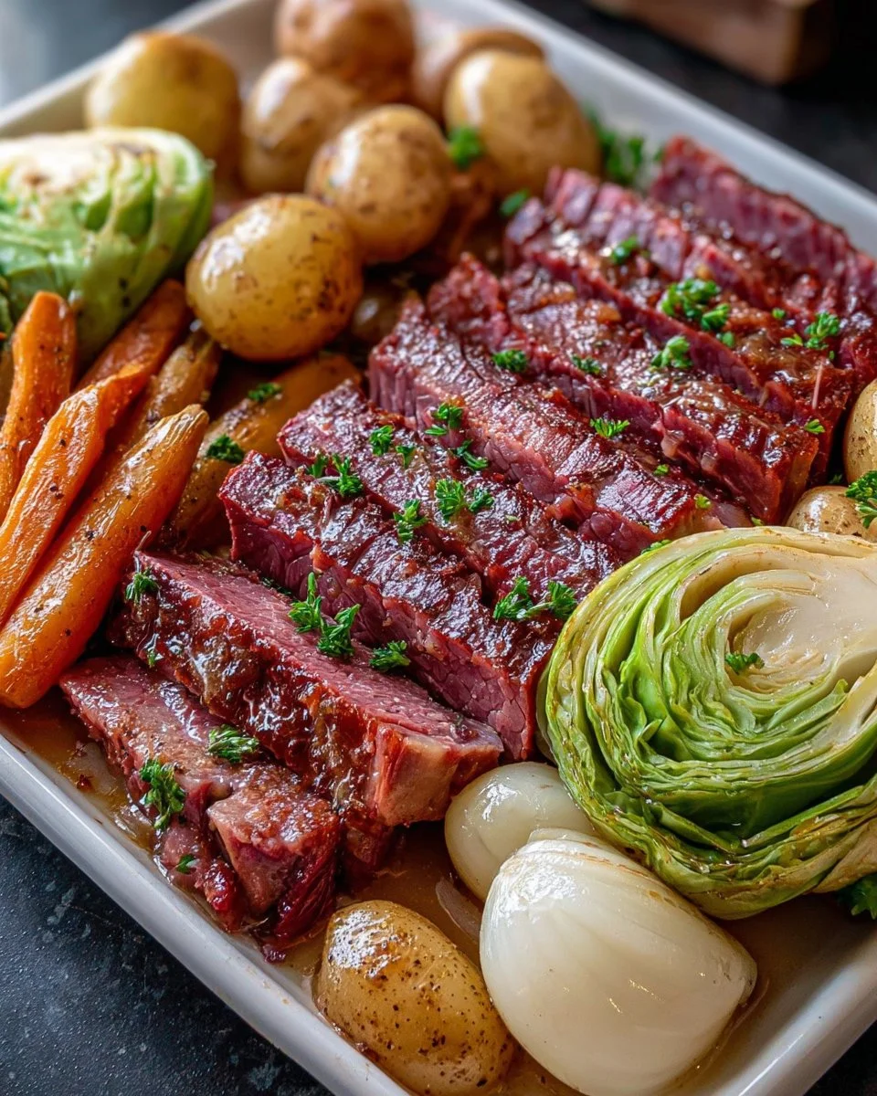 Delicious corned beef and cabbage dinner served on a plate with vegetables.