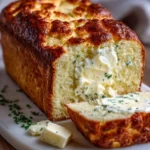 Loaf of freshly baked cottage cheese bread on a wooden cutting board.