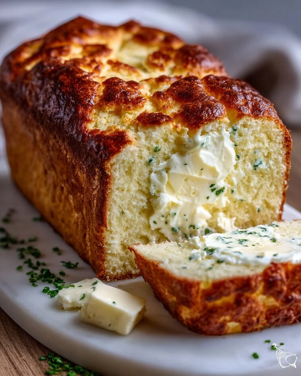 Loaf of freshly baked cottage cheese bread on a wooden cutting board.