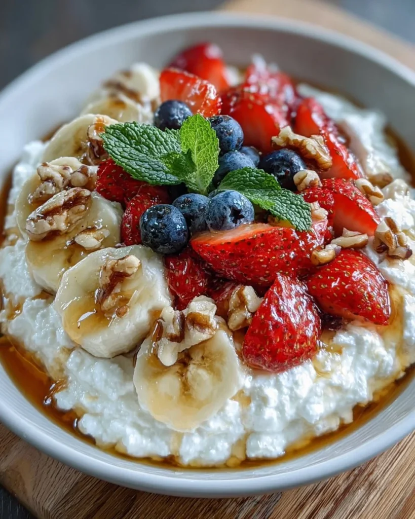 Cottage cheese fruit bowl with fresh fruits and nuts for a healthy snack.