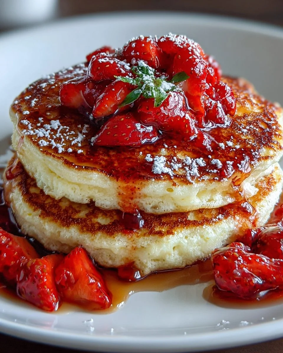 Fluffy cottage cheese pancakes with fresh strawberry topping