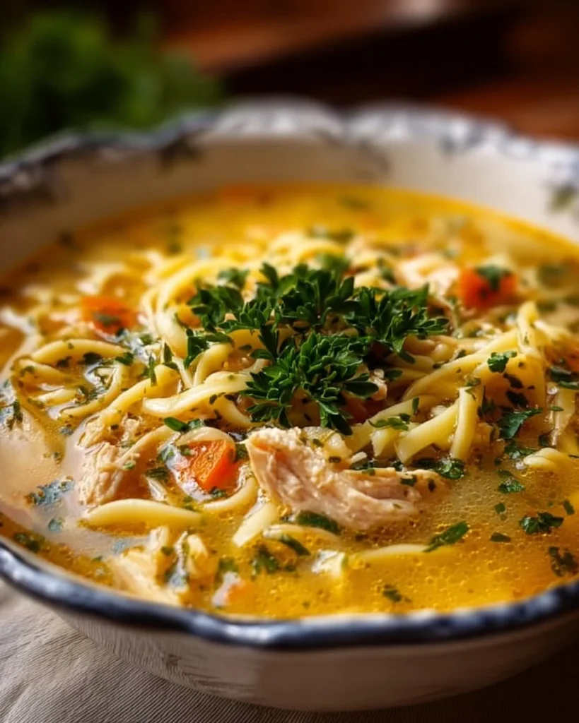 Delicious crack chicken noodle soup in a bowl garnished with parsley.