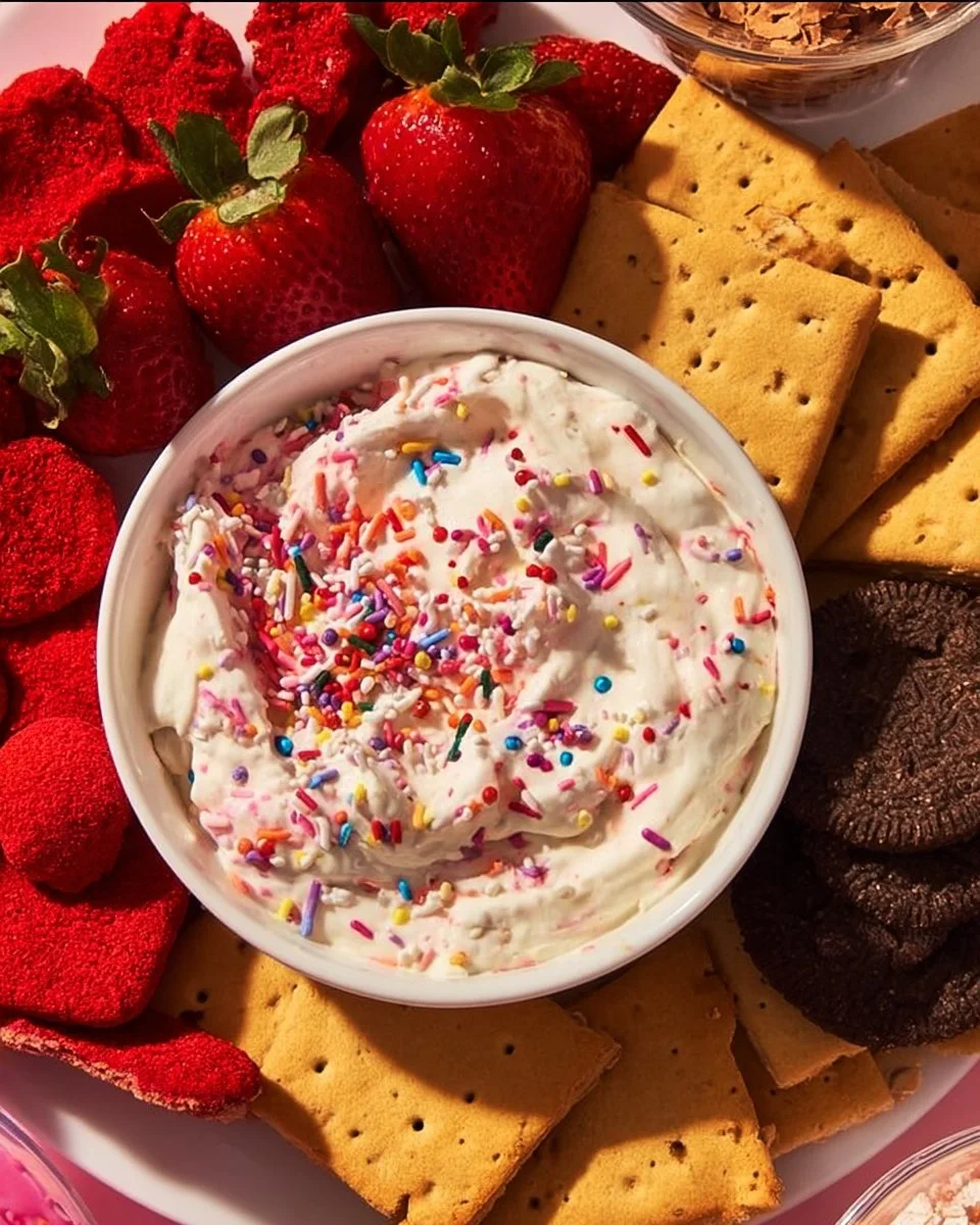 Creamy 4 Ingredient Valentine's Day Dip served in a heart-shaped bowl