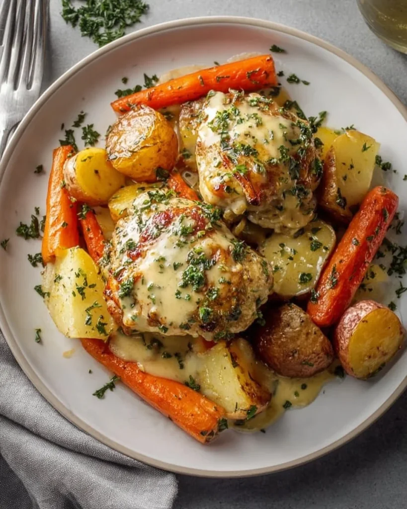 Creamy baked Dijon chicken thighs with fresh herbs and spices in a serving dish