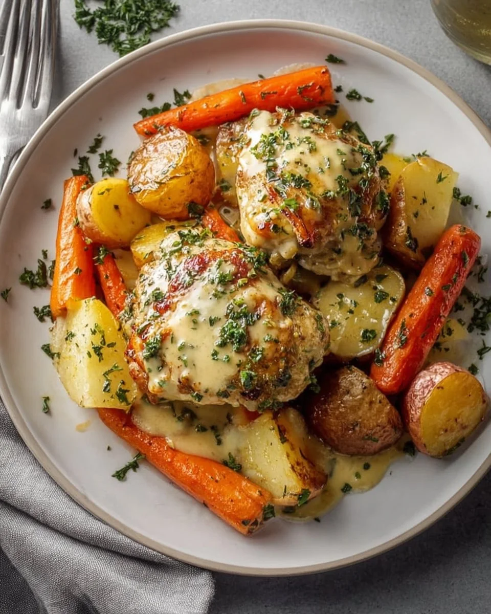 Creamy baked Dijon chicken thighs with fresh herbs and spices in a serving dish