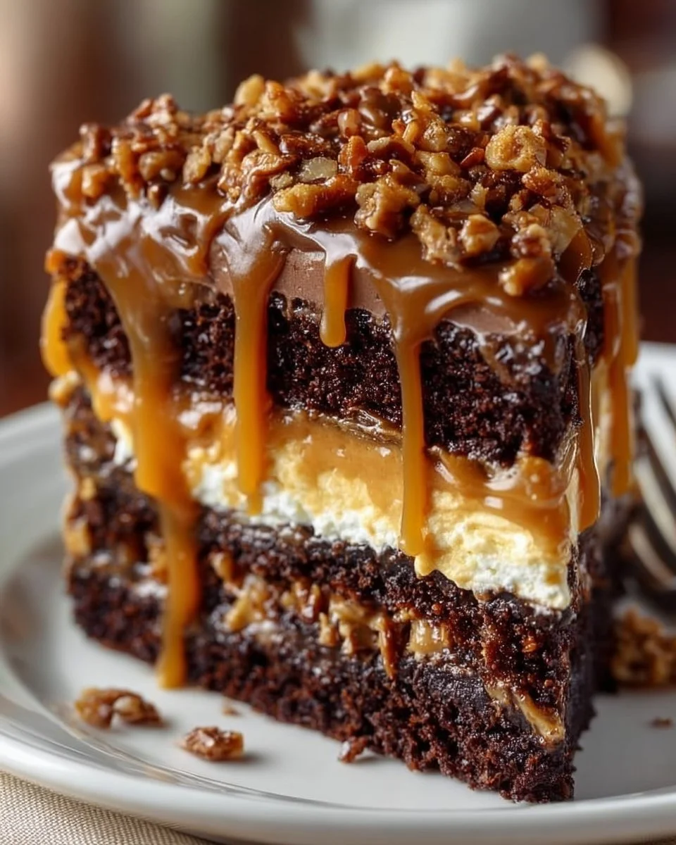 Creamy chocolate caramel toffee crunch cake topped with caramel drizzle and chocolate shavings.