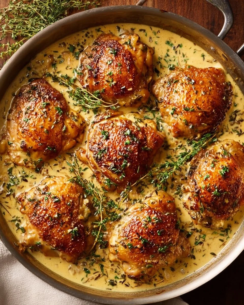 Creamy garlic chicken thighs served on a plate with herbs