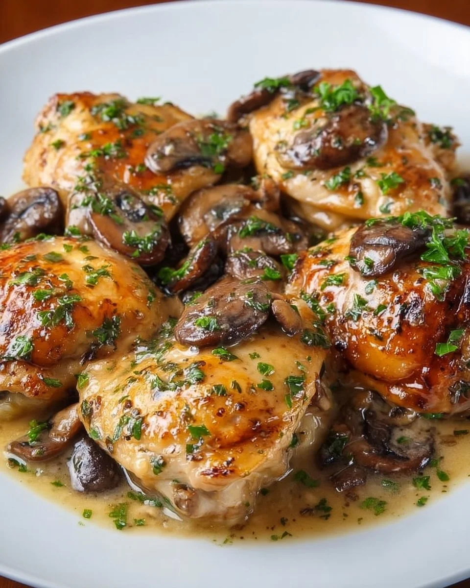 Creamy Garlic Mushroom Chicken Thighs served with vegetables