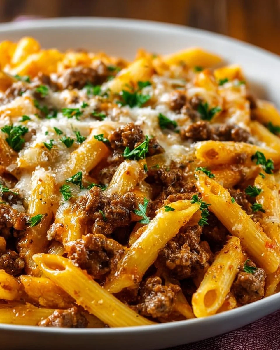 Creamy high protein beef pasta dish served in a bowl with herbs