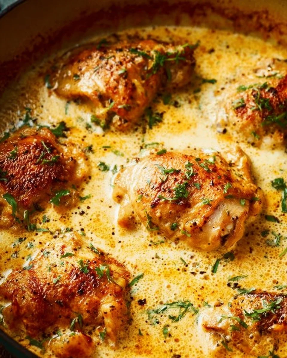 Creamy oven baked chicken thighs garnished with herbs on a plate