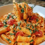 Creamy tomato garlic pasta garnished with fresh herbs