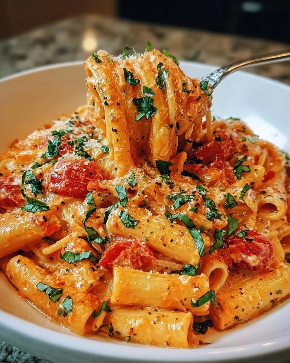 Creamy tomato garlic pasta garnished with fresh herbs