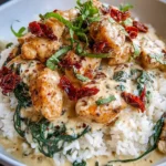 Creamy Tuscan chicken on a bed of rice with fresh herbs and vegetables