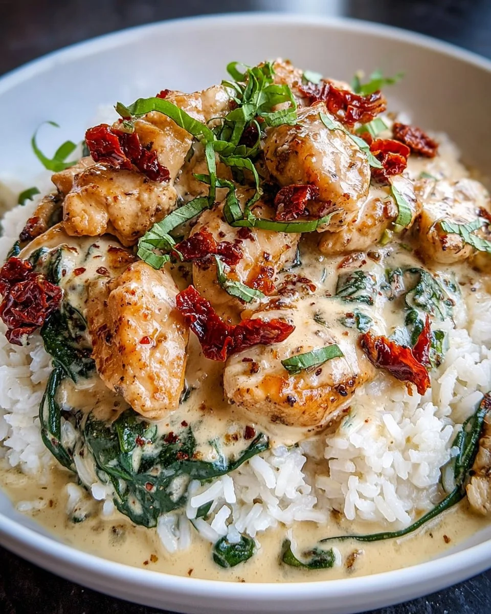 Creamy Tuscan chicken on a bed of rice with fresh herbs and vegetables