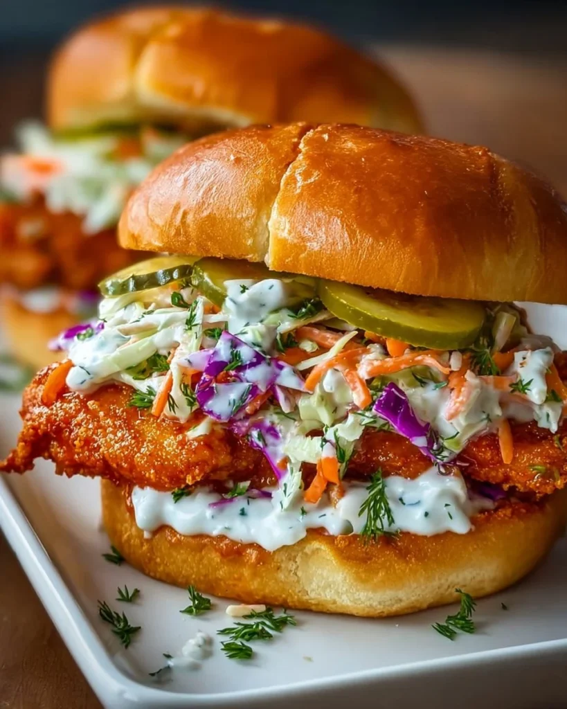 Crispy Buffalo Chicken Sandwich topped with Ranch Slaw on a fresh bun