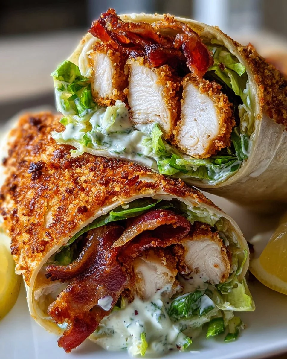 Crispy Chicken Bacon Caesar Wraps with fresh ingredients and creamy dressing
