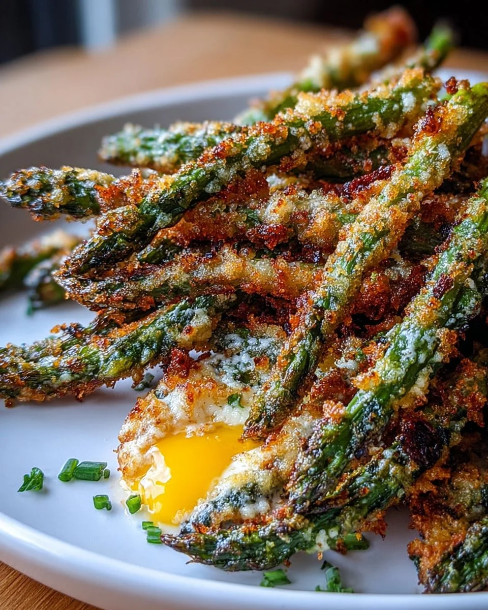Crispy chili-garlic asparagus served on a white plate