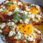 Crispy feta fried eggs served on a plate with fresh herbs