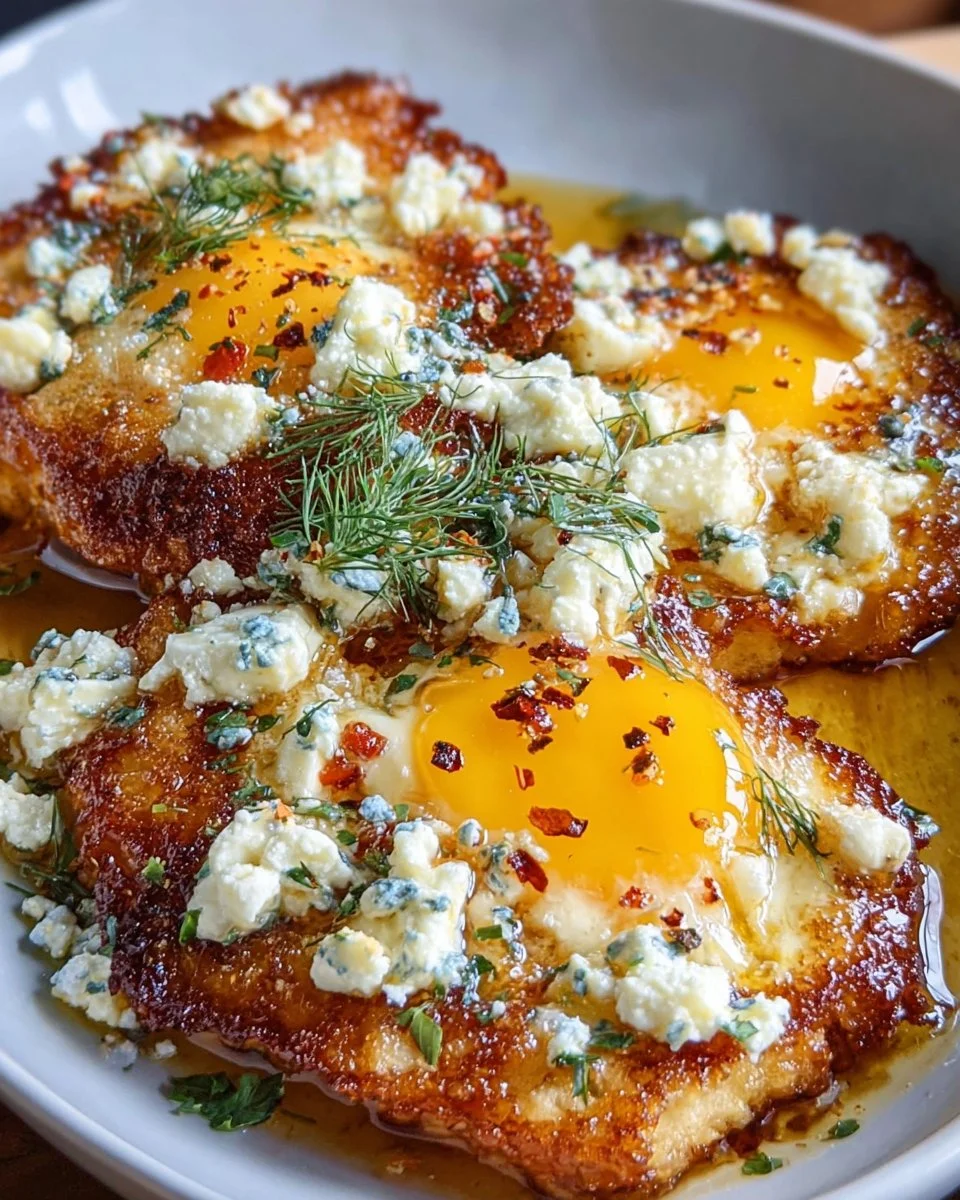 Crispy feta fried eggs served on a plate with fresh herbs