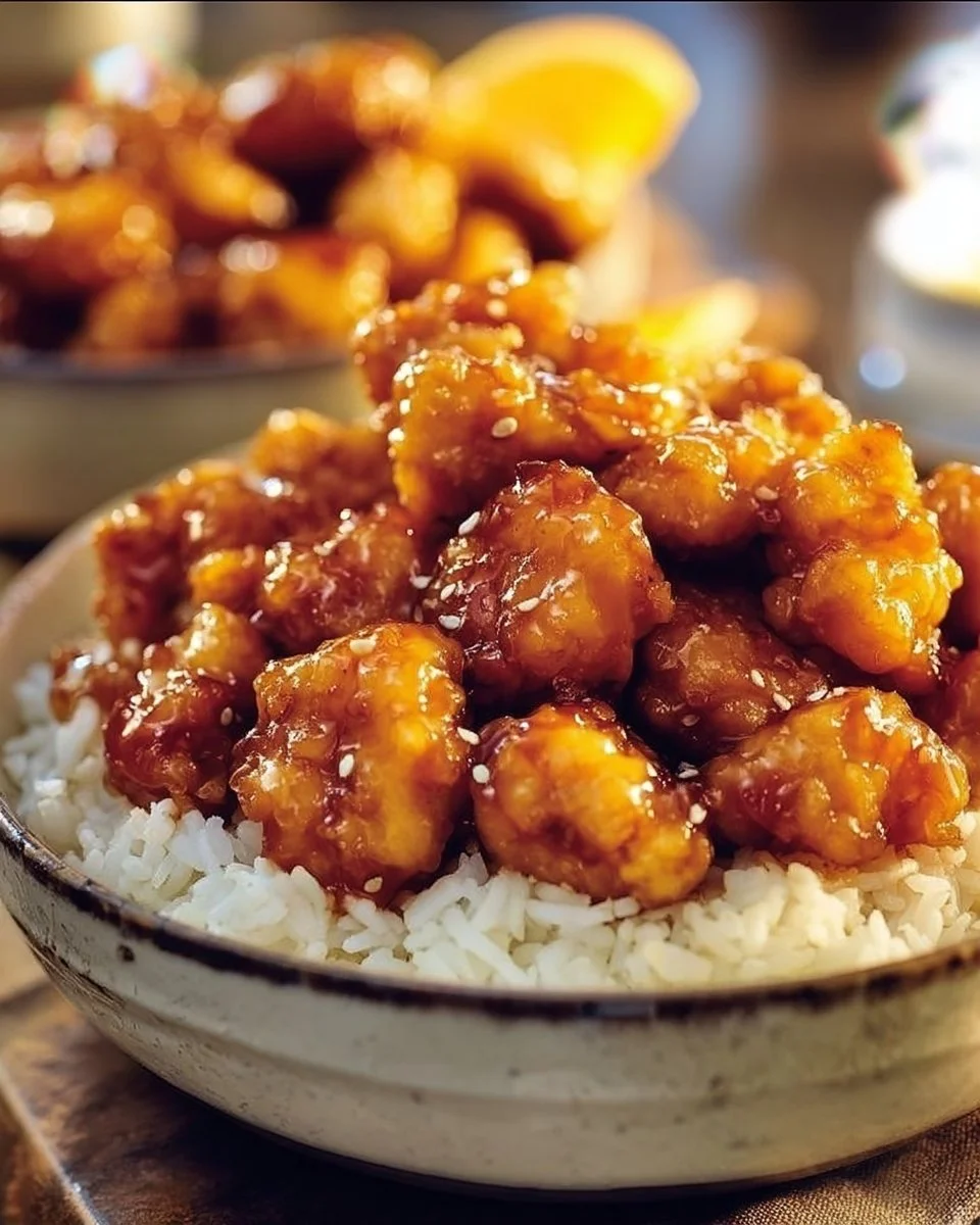 Crispy orange chicken served with a side of vegetables and rice