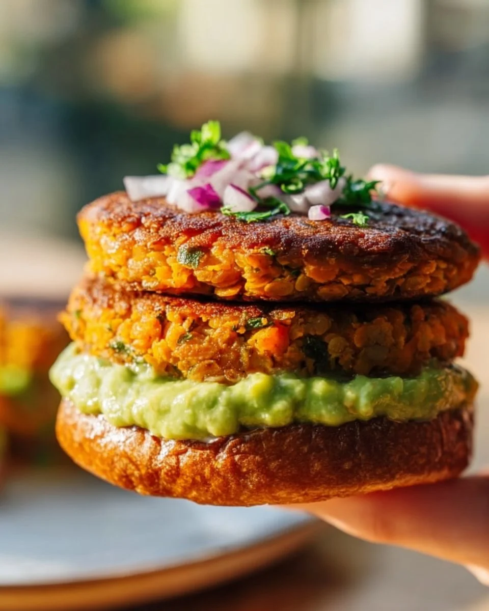 Crispy sweet potato and red lentil patties on a wooden platter