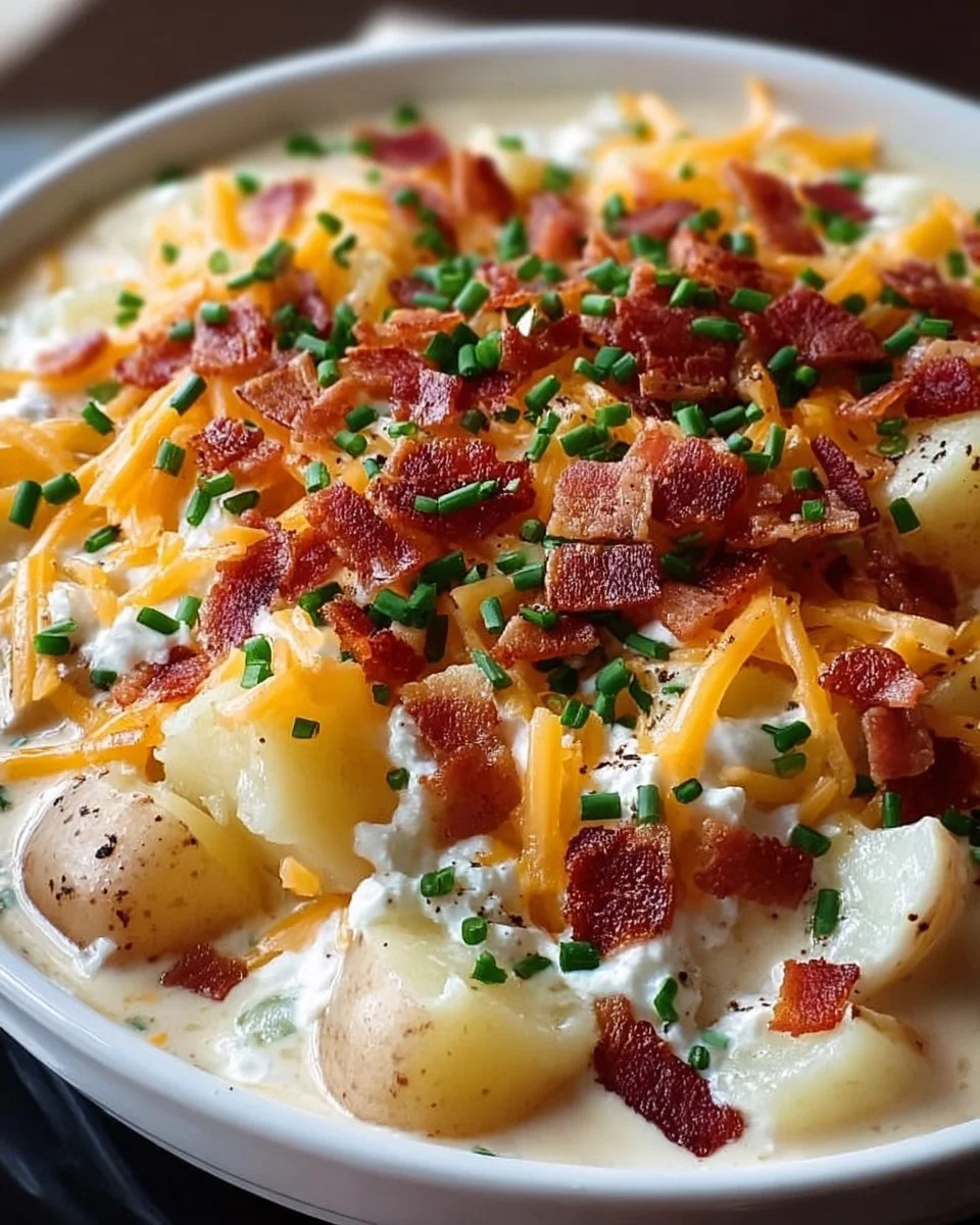 Delicious Crock Pot Crack Potato Soup topped with green onions and cheese.