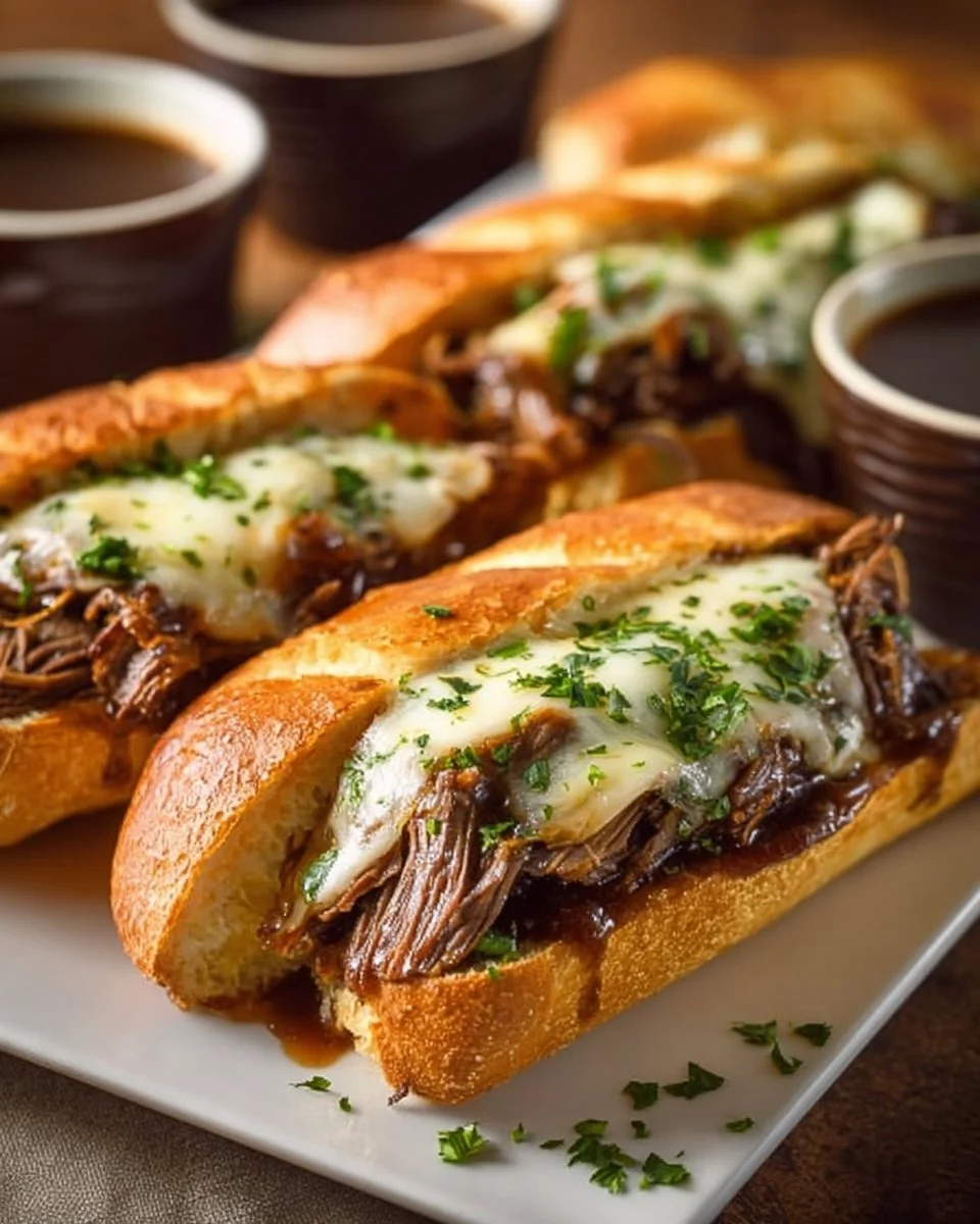 Delicious Crockpot French dip sandwiches ready to be served with dipping sauce.