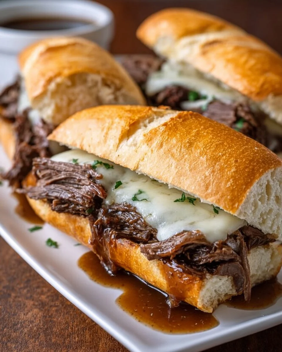 Crockpot French dip sandwiches with tender beef and dipping sauce