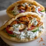 Crockpot Greek Chicken Pitas garnished with Tzatziki sauce and fresh veggies