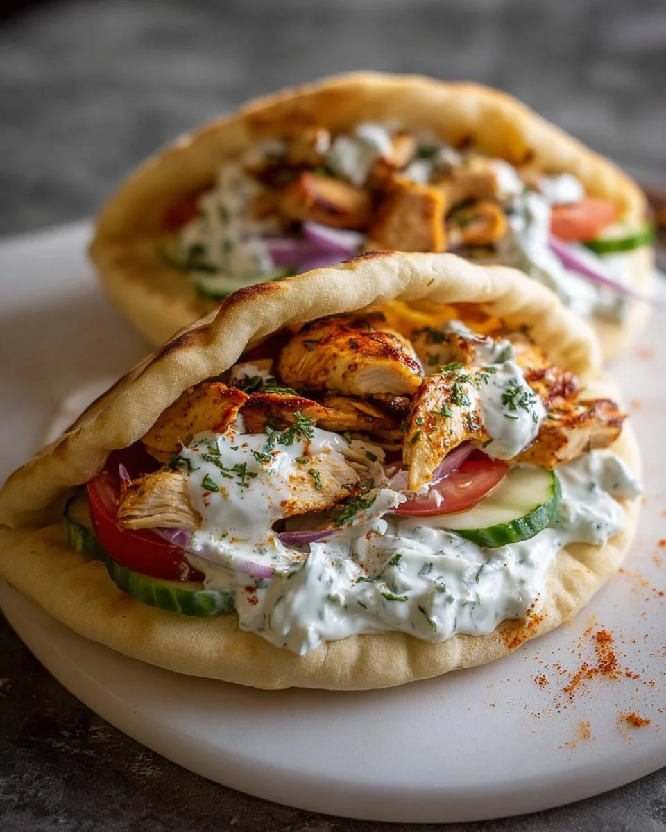 Crockpot Greek Chicken Pitas garnished with Tzatziki sauce and fresh veggies