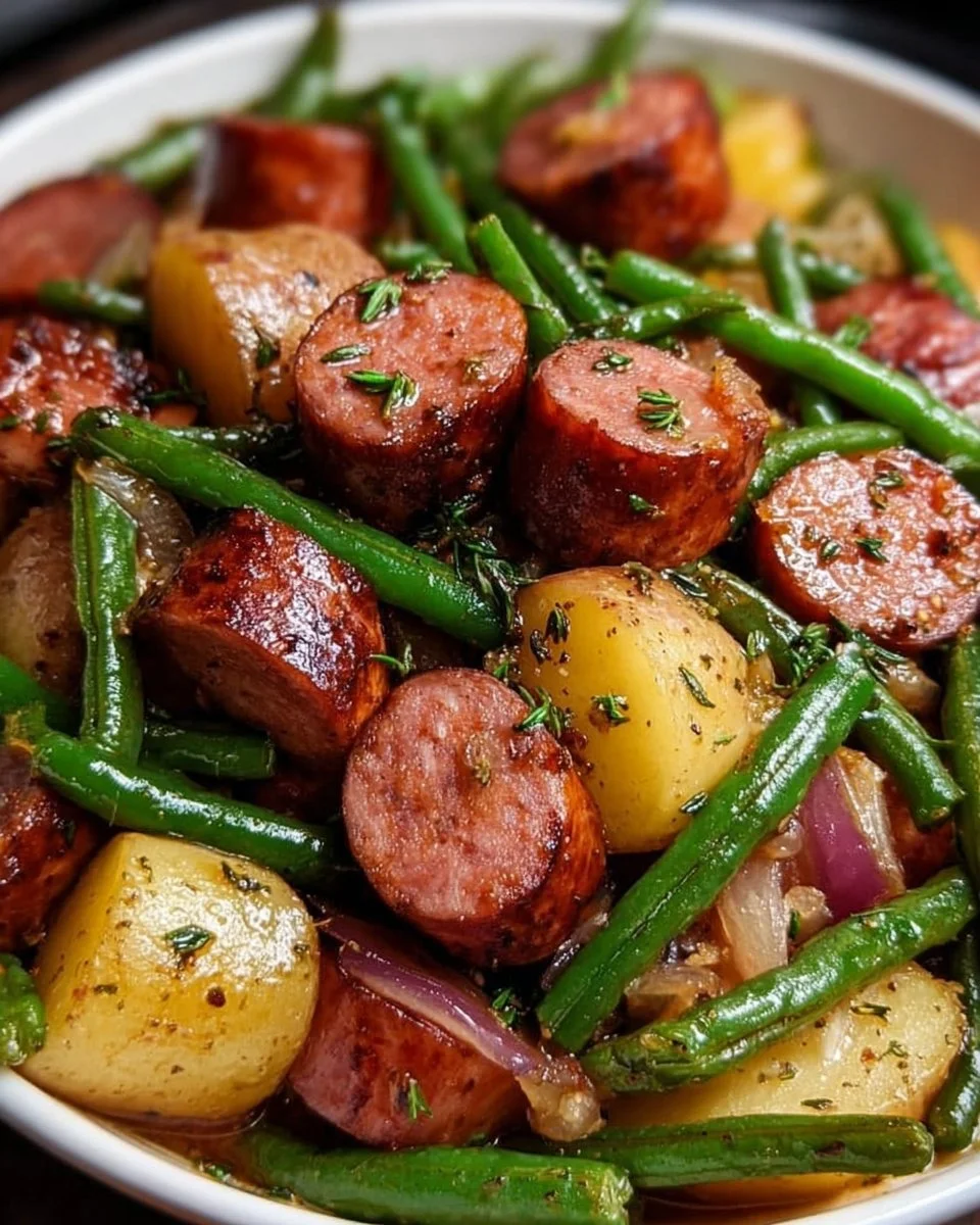 Crockpot kielbasa with green beans in a serving dish