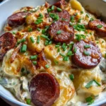 Crockpot pierogi casserole with kielbasa served in a dish