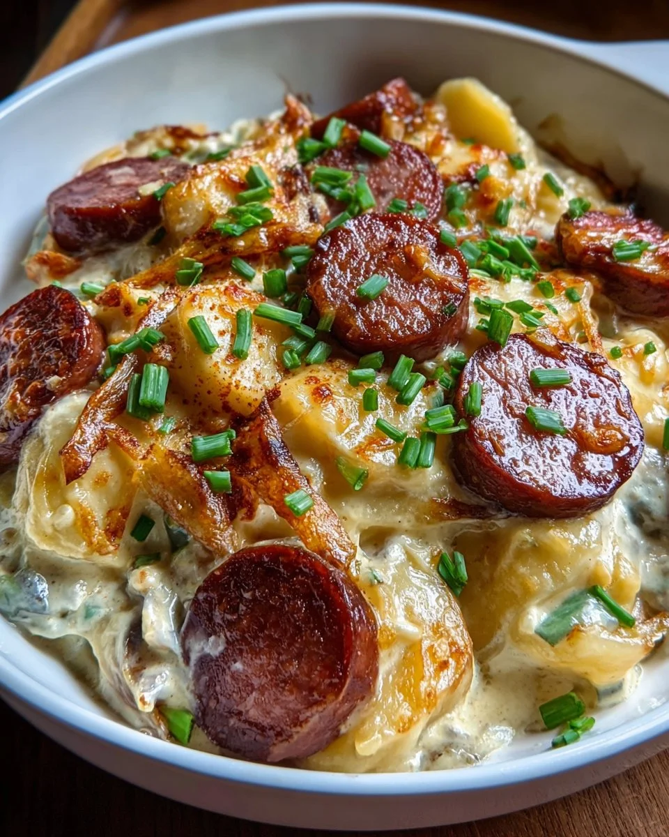 Crockpot pierogi casserole with kielbasa served in a dish