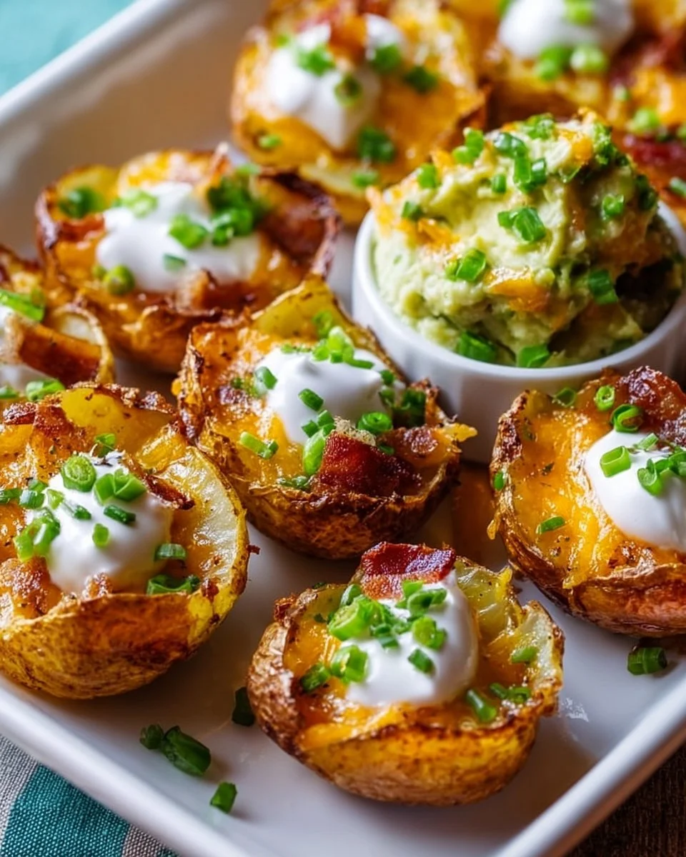 Crunchy mini potato skins topped with cheese and bacon