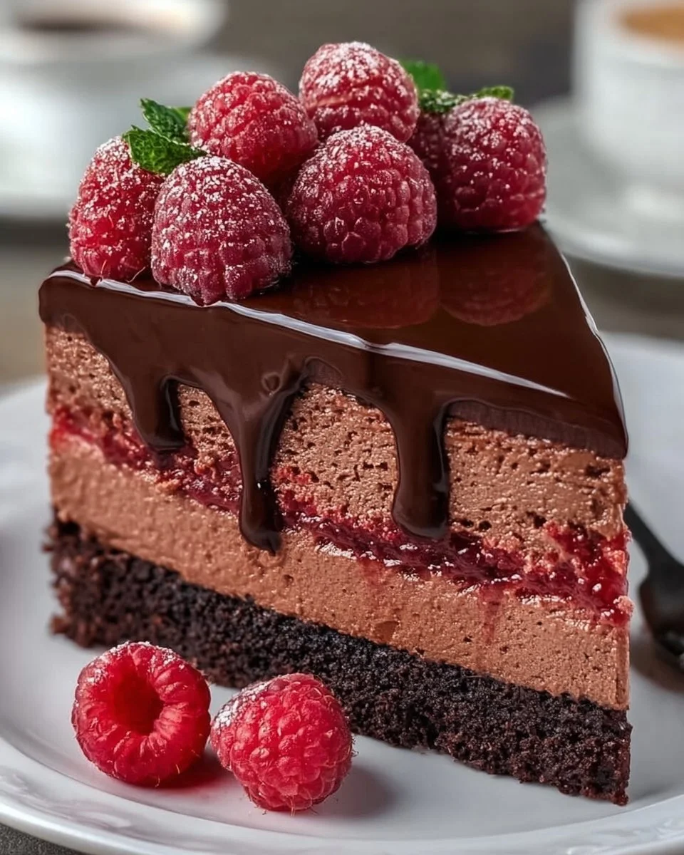 Dark chocolate raspberry mousse cake topped with fresh raspberries