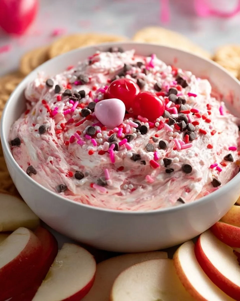 Easy 5-Minute Valentine's Day Dessert Dip in a bowl with strawberries and cookies.