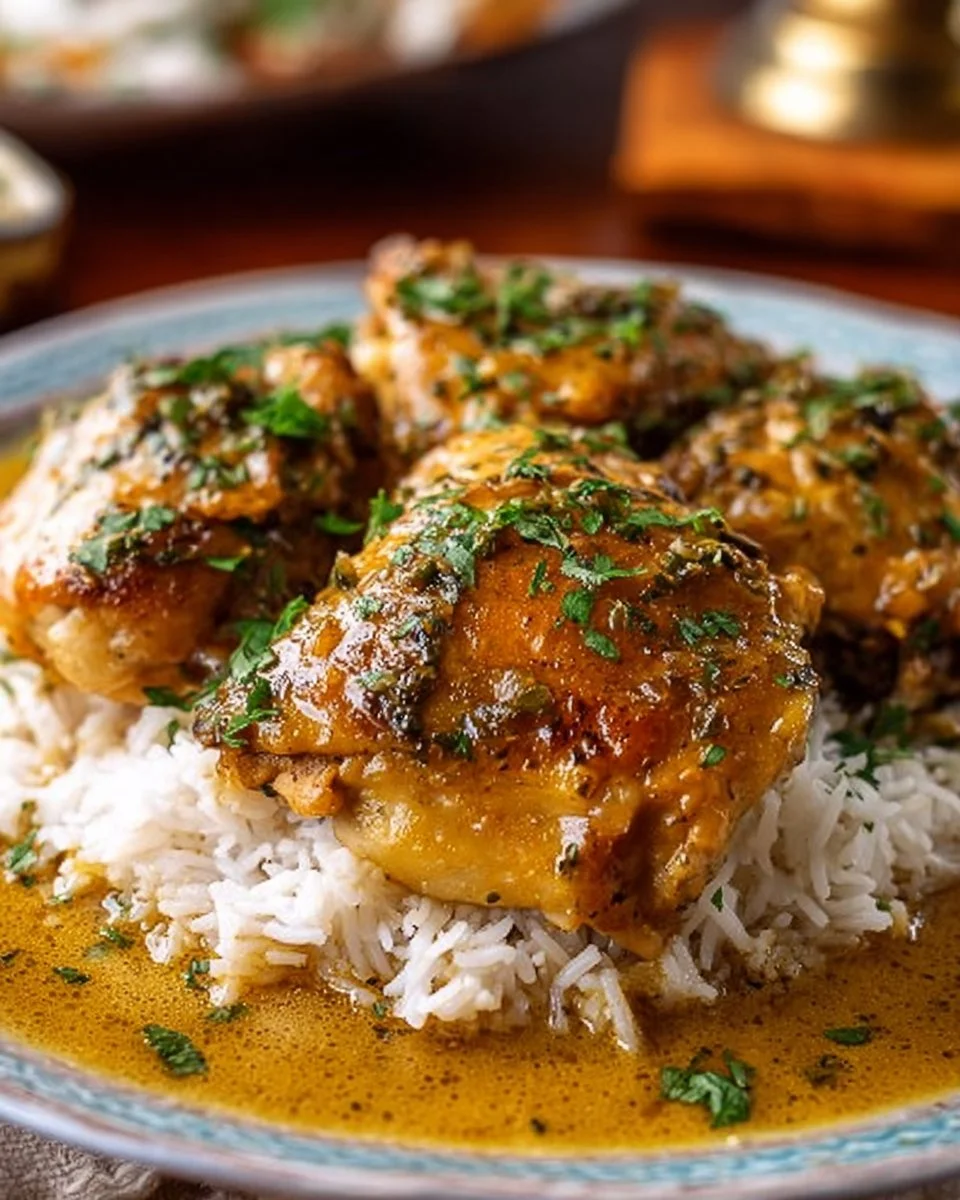Easy Crockpot chicken thighs with creamy gravy served on a plate.