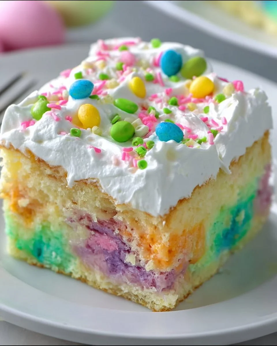 Easy Easter Poke Cake topped with colorful decorations and vibrant frosting.