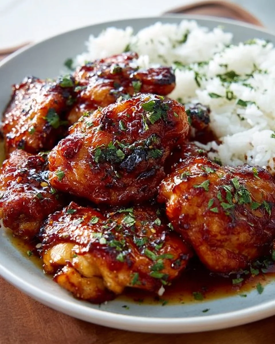 Delicious soy garlic chicken thighs served with veggies and rice