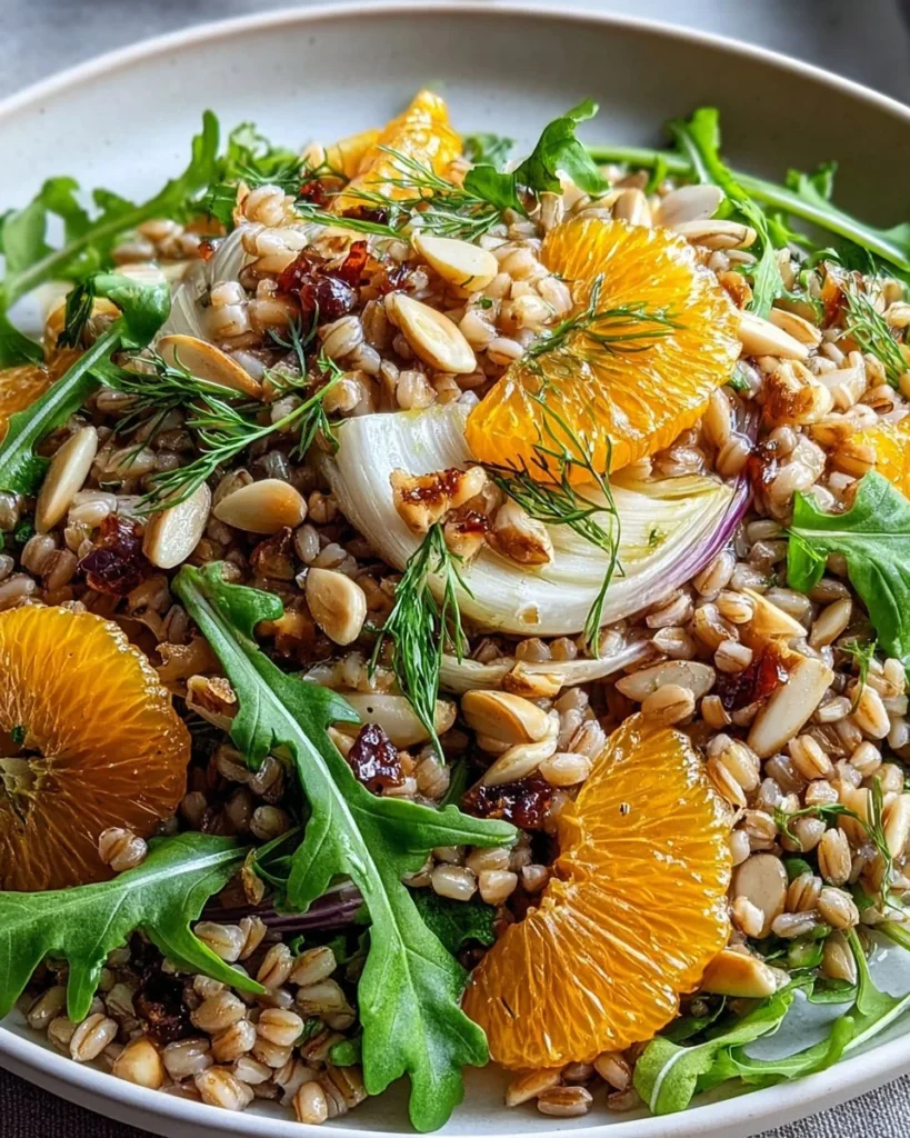 Farro Fennel Salad with orange and almonds in a vibrant bowl