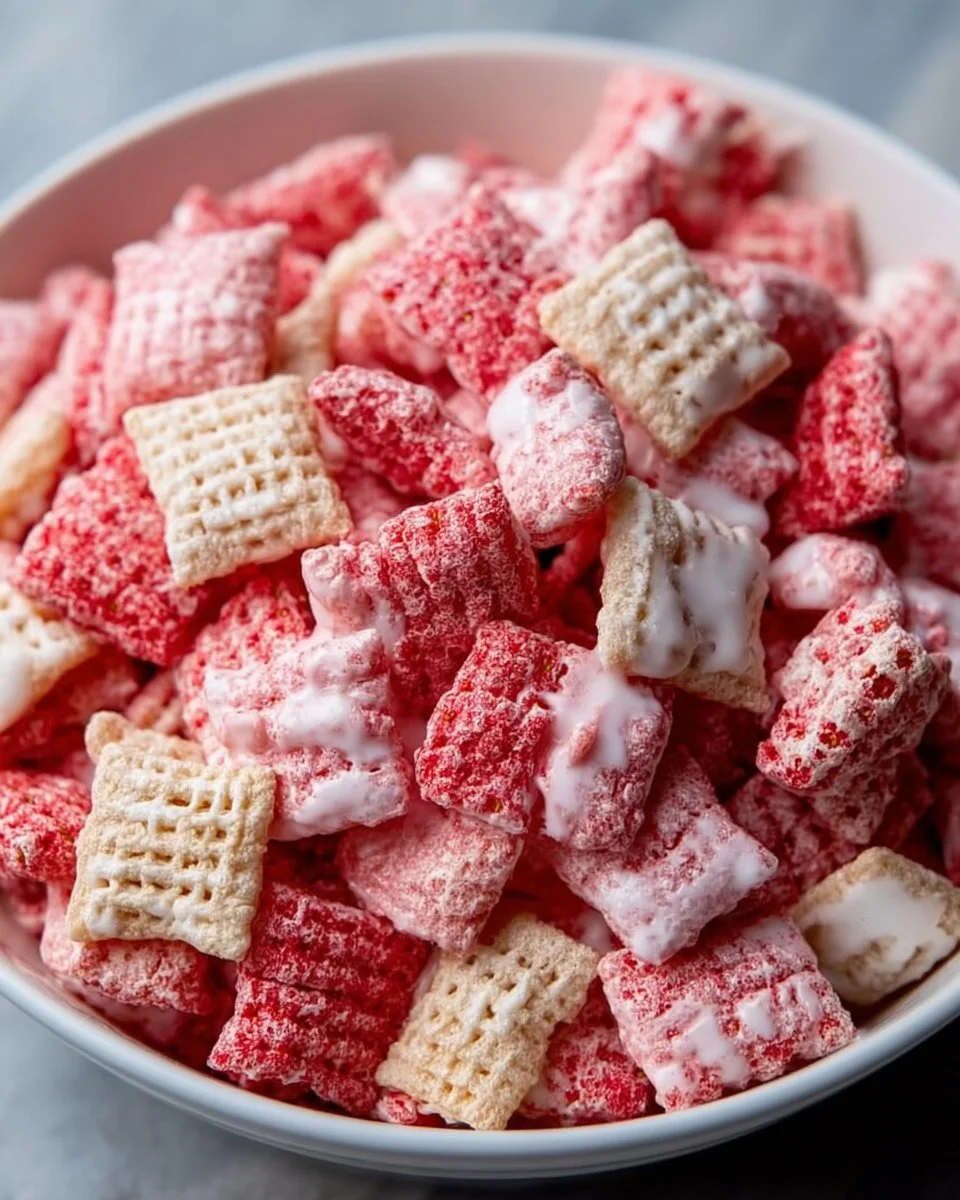 Fluffy Strawberry Shortcake Puppy Chow dessert in a bowl with strawberries