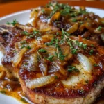 Delicious French onion pork chops served with caramelized onions and melted cheese.