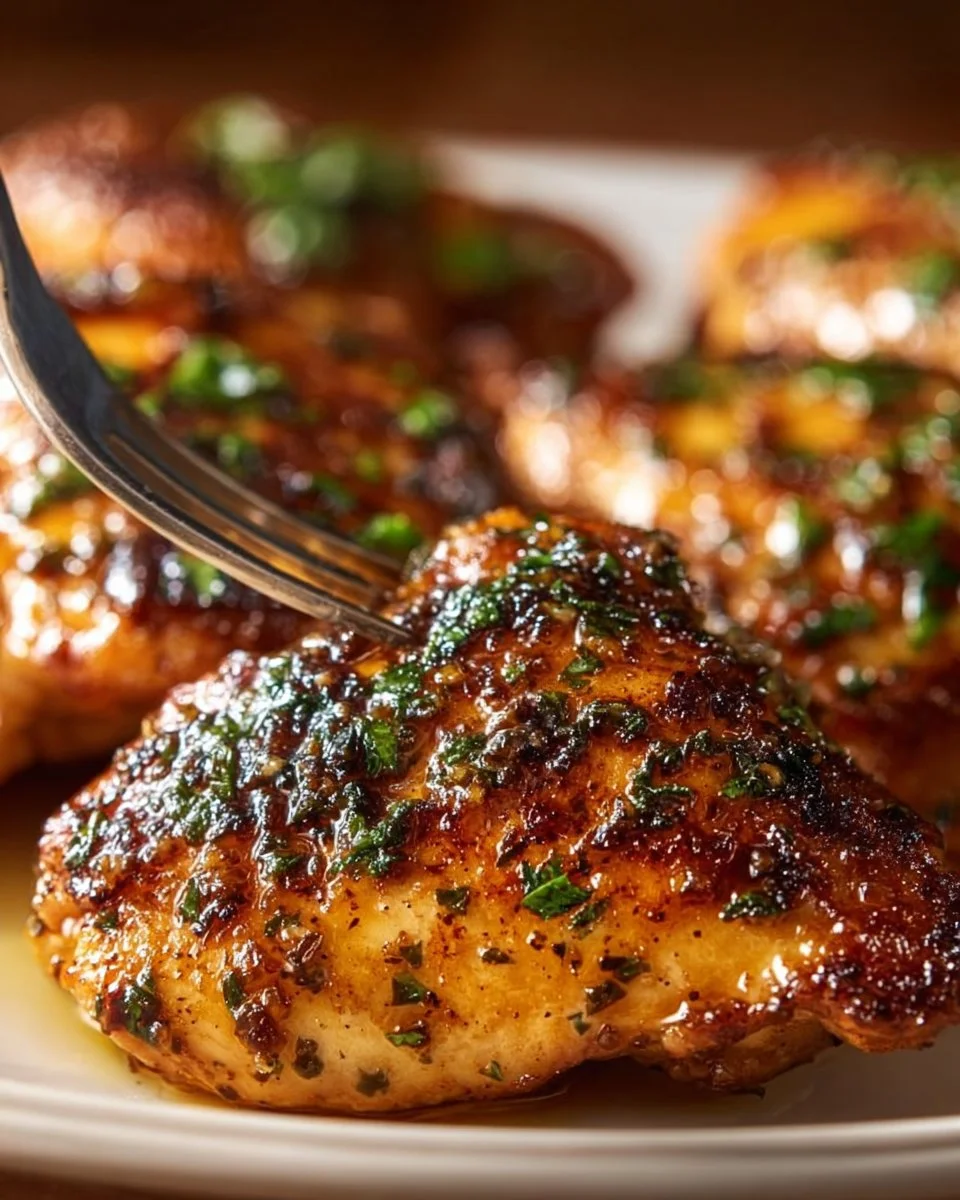 Garlic Brown Sugar Chicken with a sweet glaze and herbs on a plate