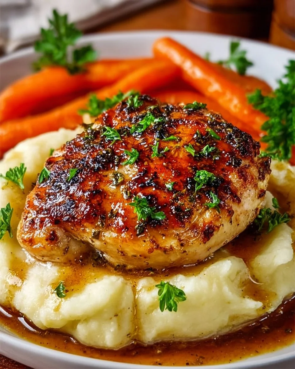 Garlic Herb Chicken served with mashed potatoes and glazed carrots on a plate.