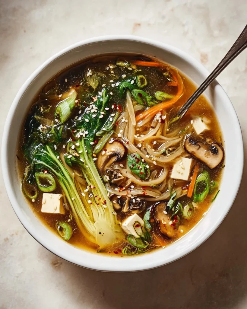 Bowl of vibrant Ginger Miso Winter Soup topped with fresh scallions and herbs.