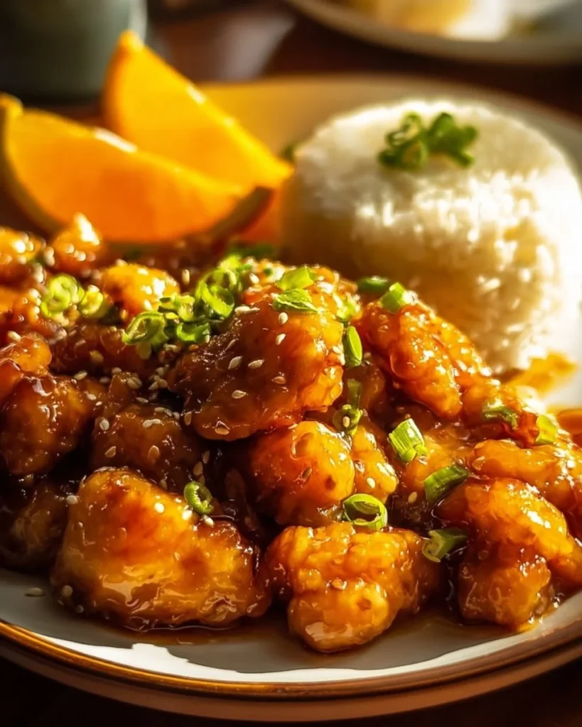 Plate of gluten-free orange chicken garnished with green onions.
