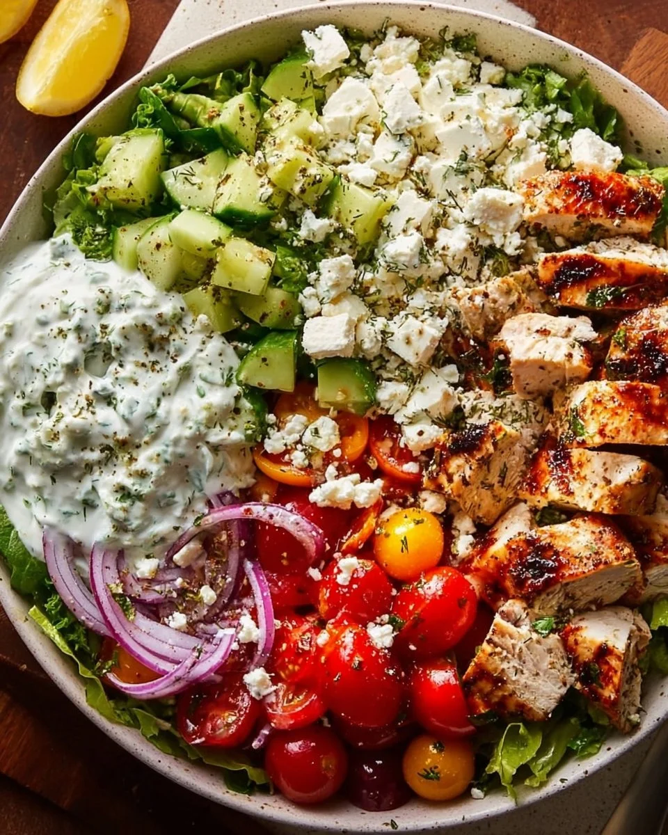 Colorful Greek chicken bowl with vegetables and tzatziki sauce